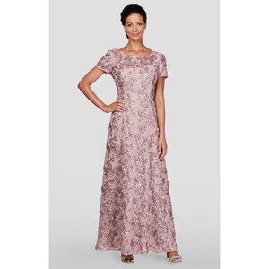 New Alex Evenings Size 16 Pink Embellished Lace Maxi Formal Gown Dress Rosette